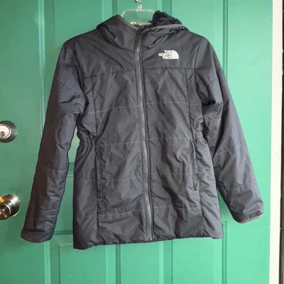 The North Face girls size large 12 reversible charcoal coat - Picture 1 of 11